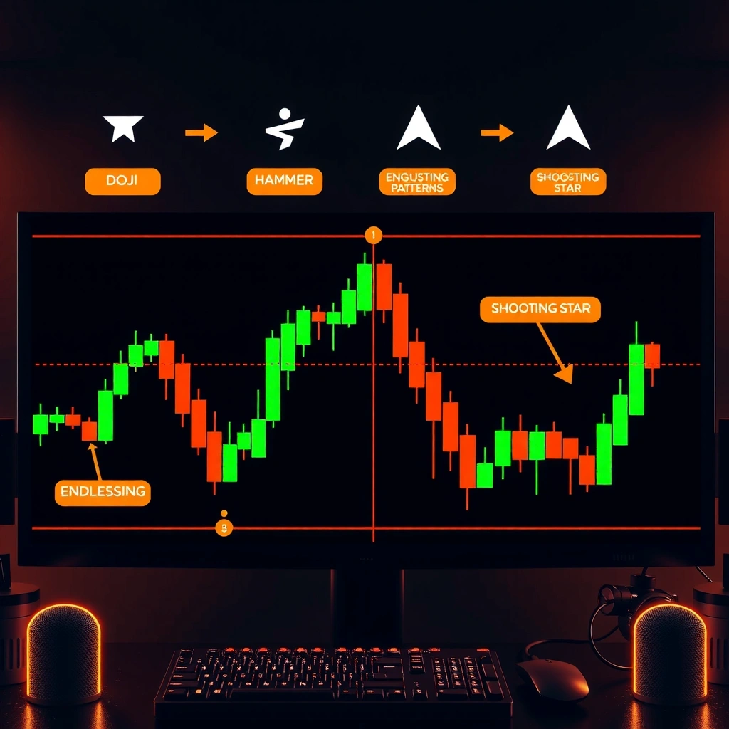 Comprehensive candlestick pattern recognition tutorial with visual examples of doji, hammer, shooting star patterns in orange and green colors on dark background