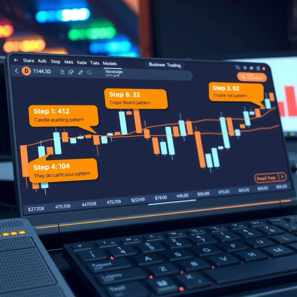 Interactive cryptocurrency trading lesson interface showing step-by-step tutorial on reading candlestick charts with orange highlighted elements