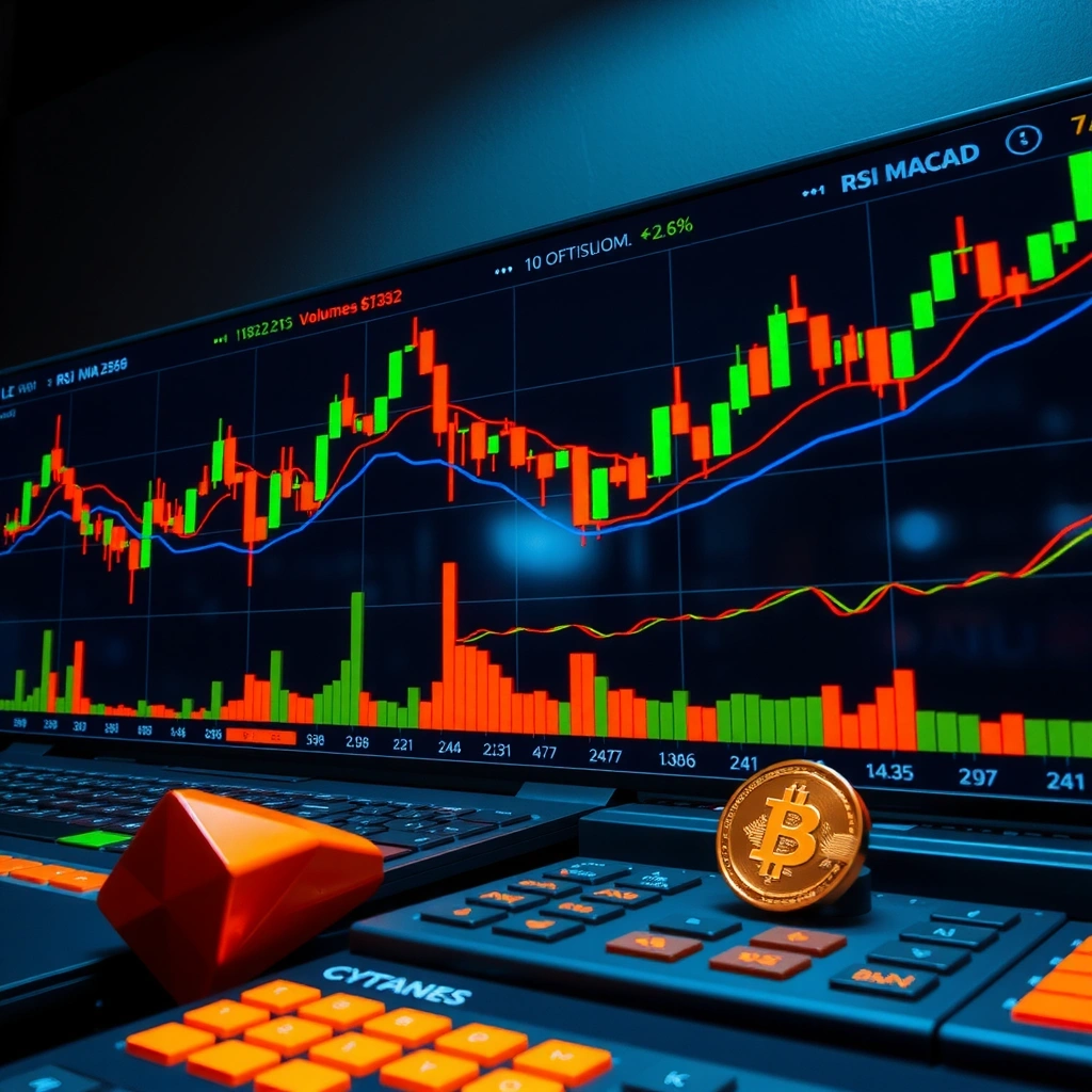 Live cryptocurrency candlestick chart showing price movements with orange and green candlesticks, volume indicators, and technical indicators