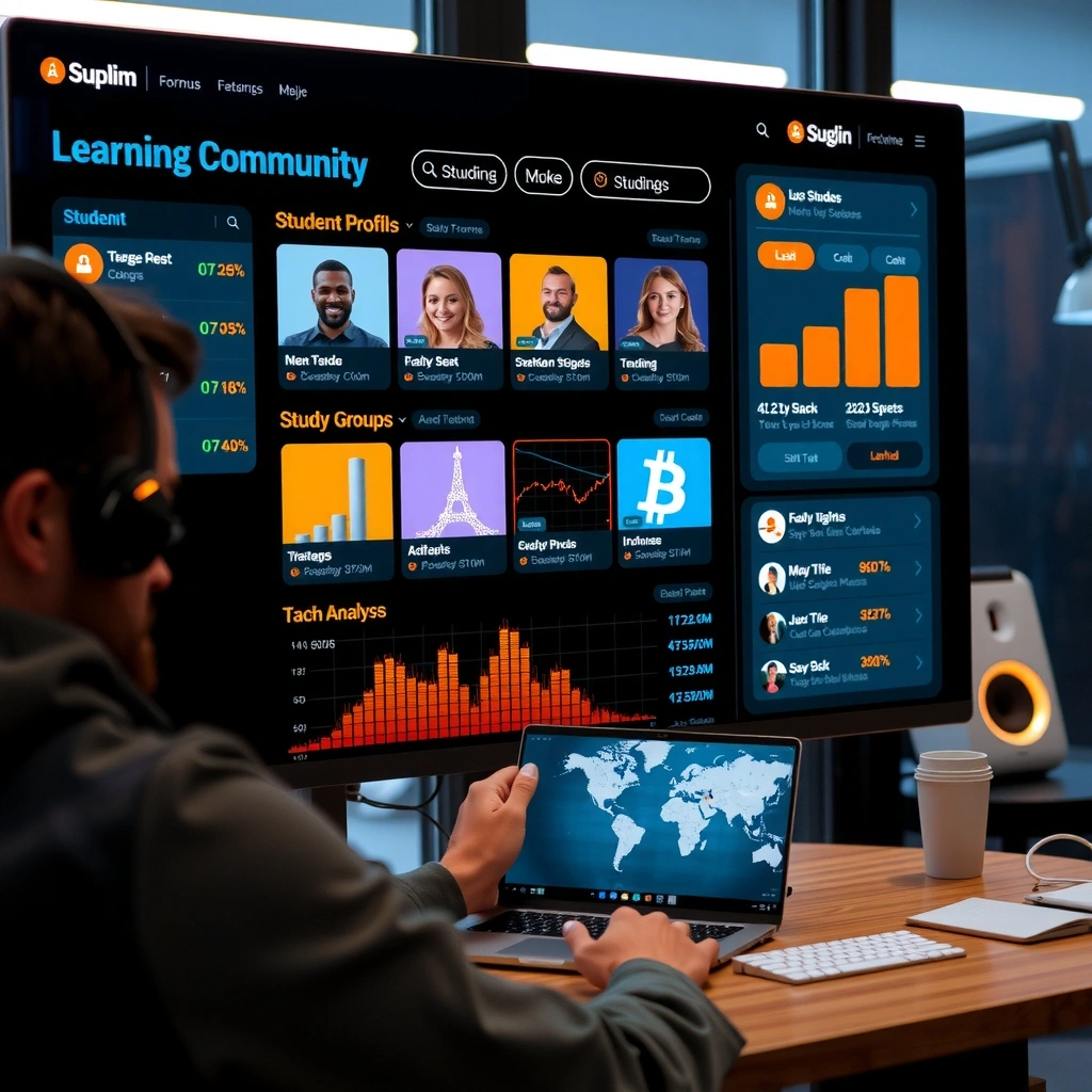 Online learning community interface showing student profiles, discussion forums, study groups, and collaborative trading analysis sessions with orange accents