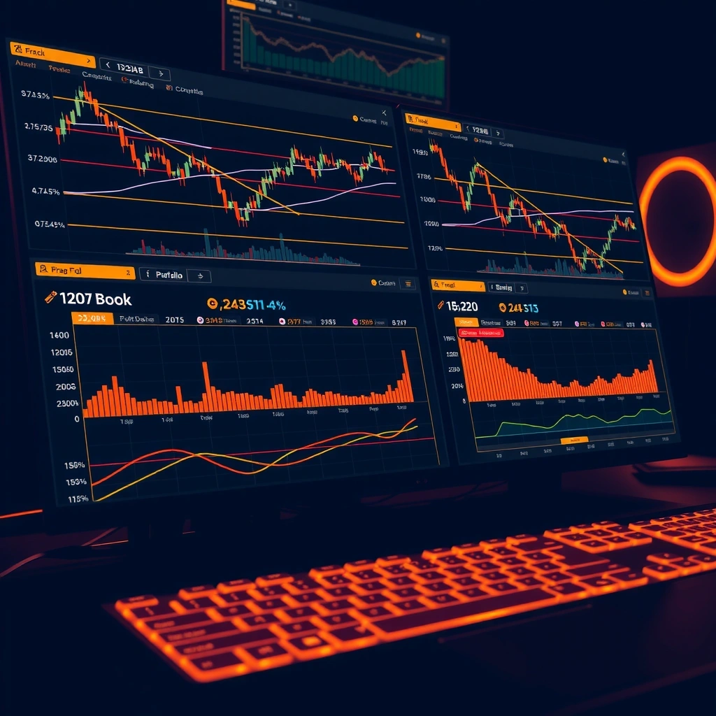 Trading dashboard interface showing multiple cryptocurrency charts, technical indicators, and analysis tools with orange accents on dark background