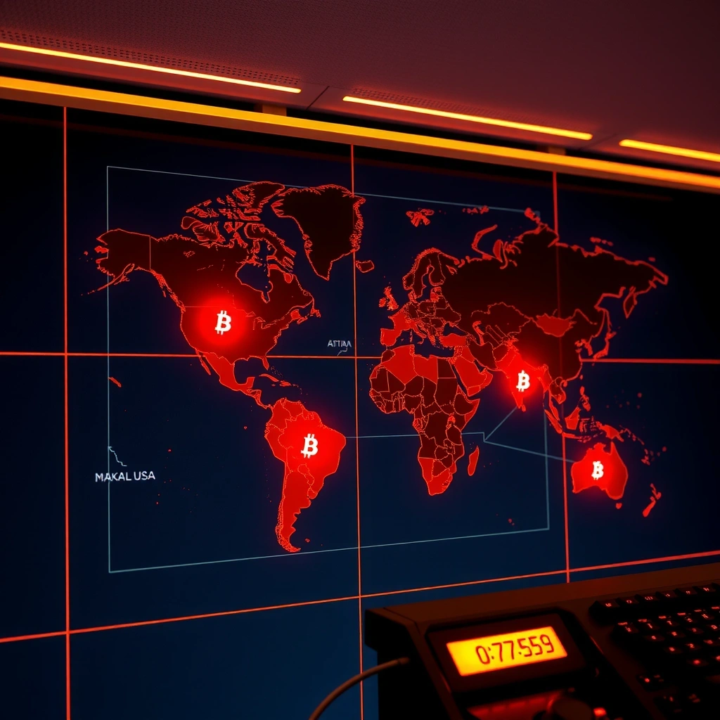 World map showing global cryptocurrency trading centers with orange dots indicating major exchange locations in North America, Europe, Asia, and Australia